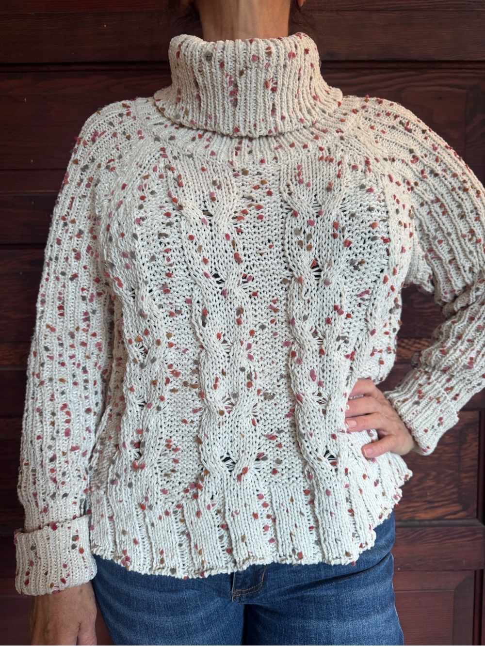 Cozy Cream Speckled Cable Knit Turtleneck Sweater